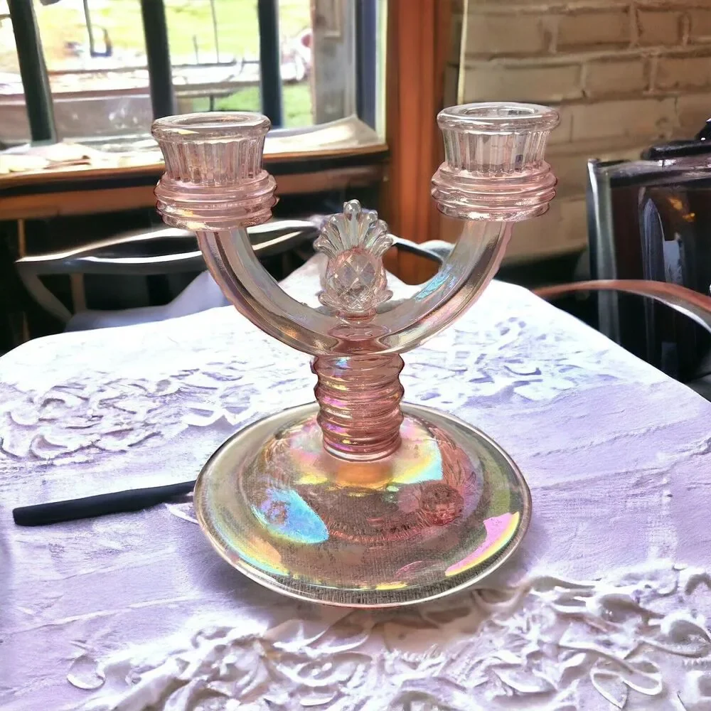 Fenton Pink Iridescent Candelabra Pineapple Welcome Two Candle
